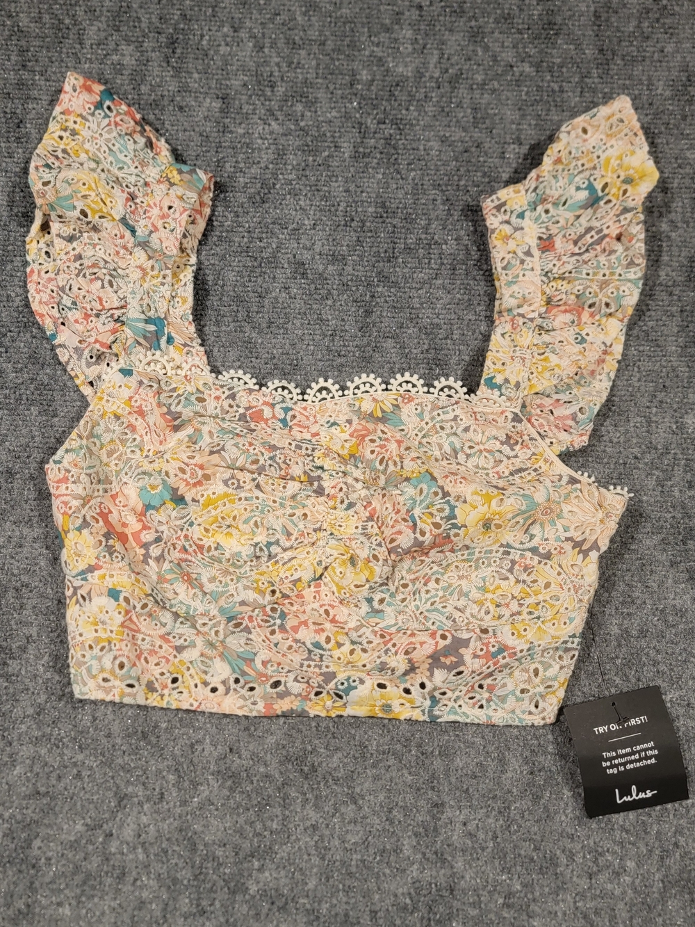 Lulu's Floral Eyelet Crop Top in Pastel Multi